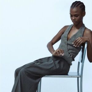 ZARA Gray Knit Halter Top with Buckle Detail